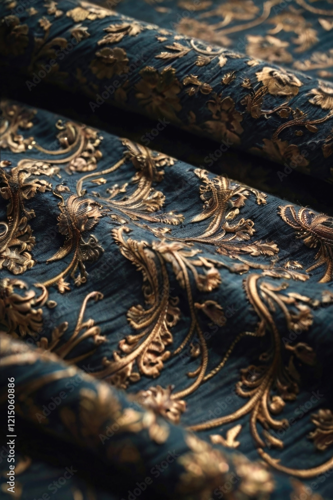 Luxury brocade fabric texture with intricate gold floral embroidery on a textured dark background