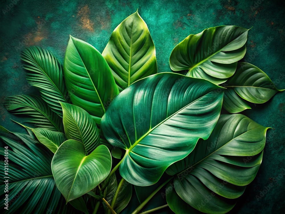 Fototapeta premium Lush Tropical Leaves & Beige Accents on Dark Green Textured Background - Stock Photo