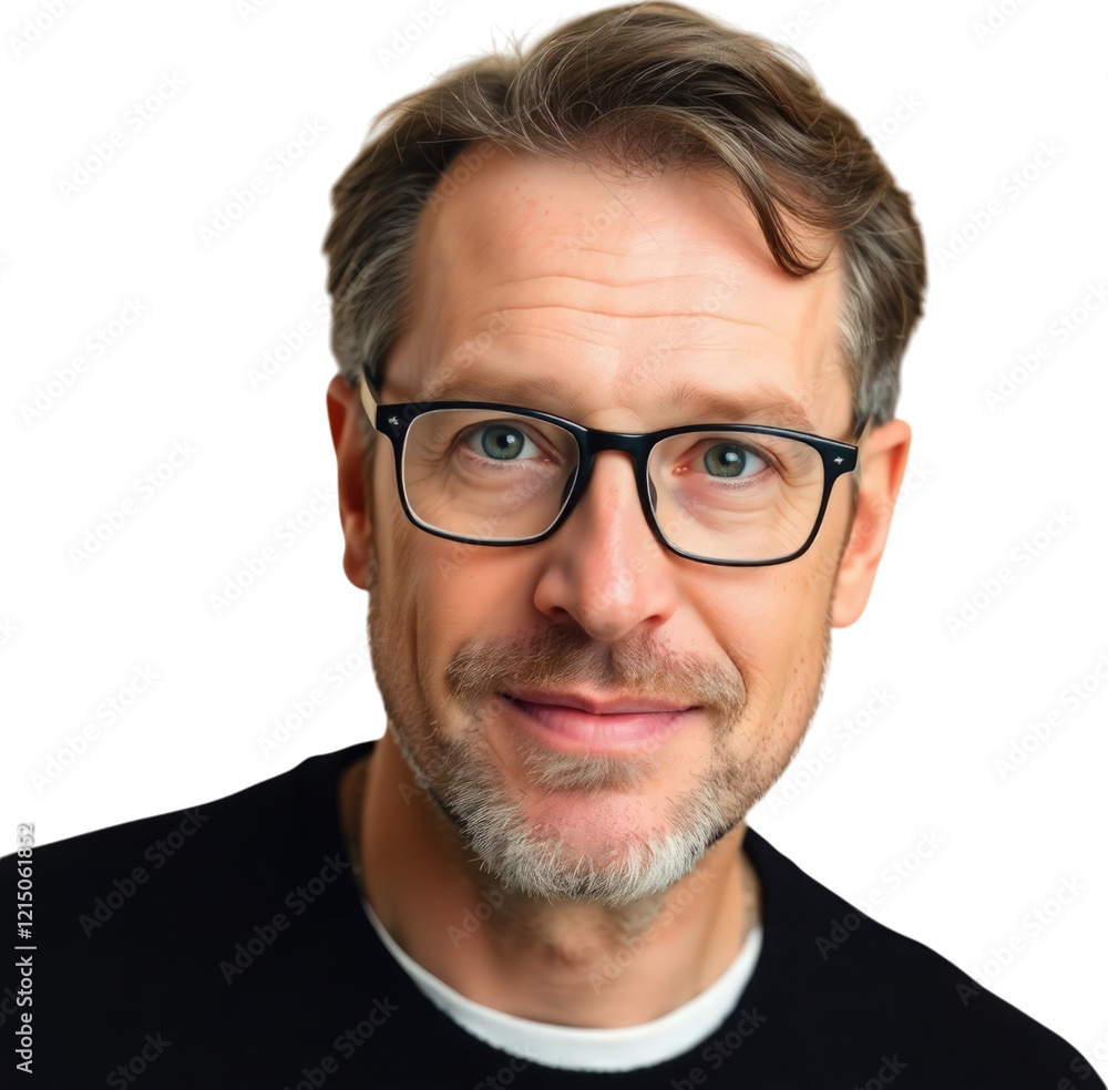 Obraz premium Middle aged German man with eyeglasses wearing a black sweater isolated on transparent background