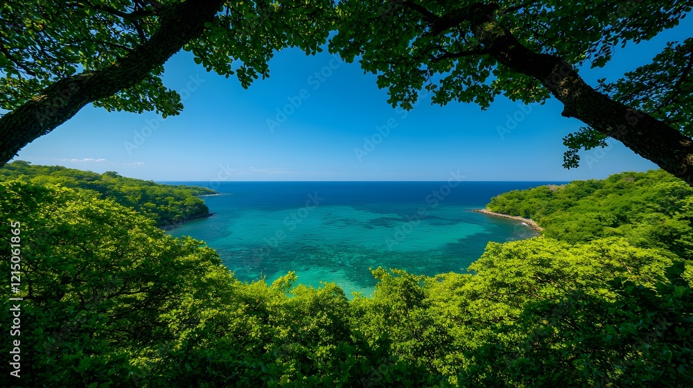 Scenic Coastal View with Lush Green Trees and Clear Blue Water Scenic Coastal View with Lush Green Trees and Clear Blue Water