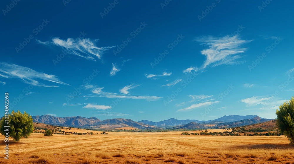 Fototapeta premium Vast Open Landscape with Blue Sky and Wispy Clouds in Horizon