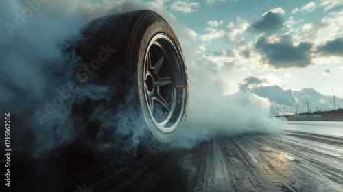 Extreme burnout of a tire on the race track during a competition