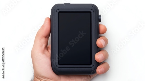 A hand holding a modern, rugged smartphone with a blank screen for display purposes. photo