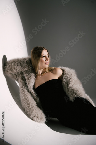 Obraz na płótnie Portrait of a woman in a studio with professional lighting in a smart dress with gloves and a fur coat w salonie