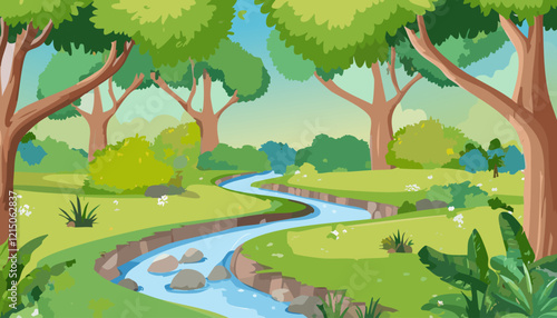 Nature landscape with river and trees. Vector illustration in cartoon style.