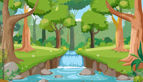 Nature landscape with river and trees. Vector illustration in cartoon style.