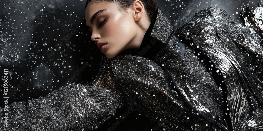 Obraz premium A model lies gracefully with eyes closed, clad in a sparkling jacket, surrounded by an enchanting display of glimmering particles in a dark environment