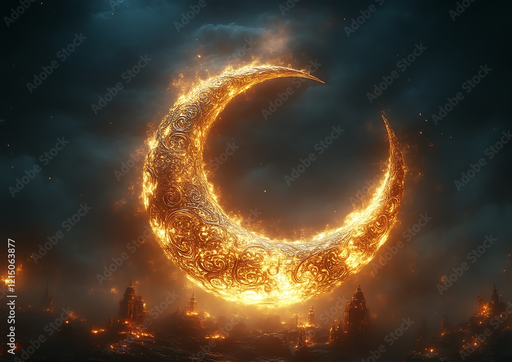 Flaming ornate crescent moon above burning landscape. Flaming ornate crescent moon above burning landscape.