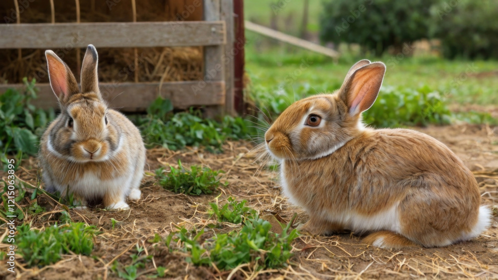 rabbits on a farm, with hay and grass