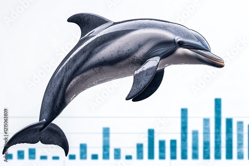 A playful dolphin leaping above water with a background of statistical data. photo