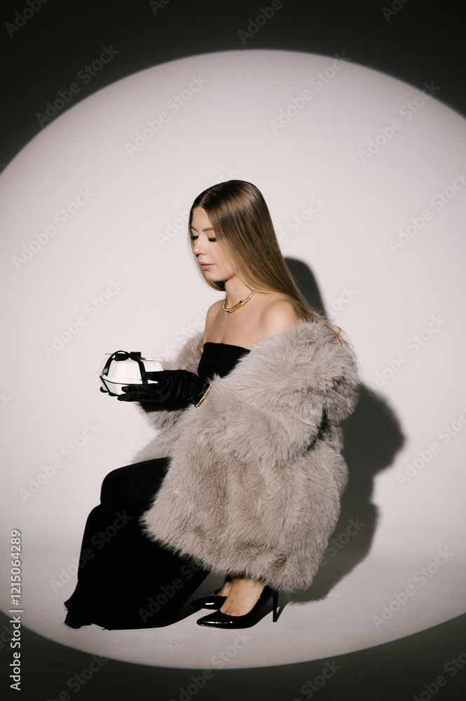 Portrait of a woman in a studio with professional lighting in a smart dress with gloves, in a fur coat with a bento cake on her birthday