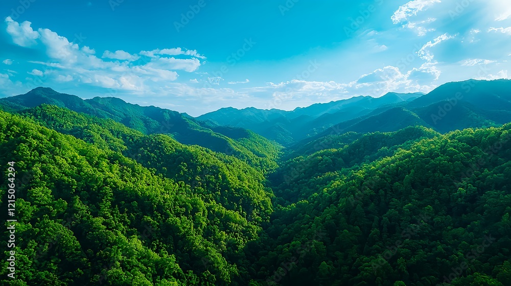 Fototapeta premium Lush Green Mountains Under Bright Blue Sky with Fluffy Clouds