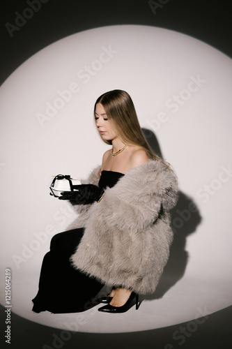 Obraz na płótnie Portrait of a woman in a studio with professional lighting in a smart dress with gloves, in a fur coat with a bento cake on her birthday w salonie