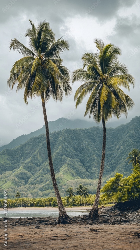 Tropical Paradise: Two Palm Trees on a Beach with Mountain View Tropical Paradise: Two Palm Trees on a Beach with Mountain View