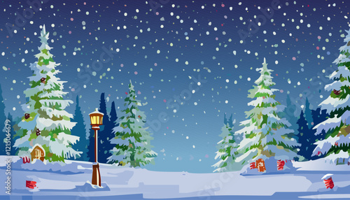 Winter landscape with snowfall, trees and lanterns, vector illustration