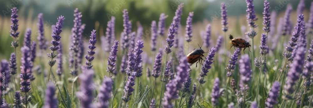 Fototapeta premium Beetles crawling up lavender stalks in the meadow , wildflowers, outdoor photography,