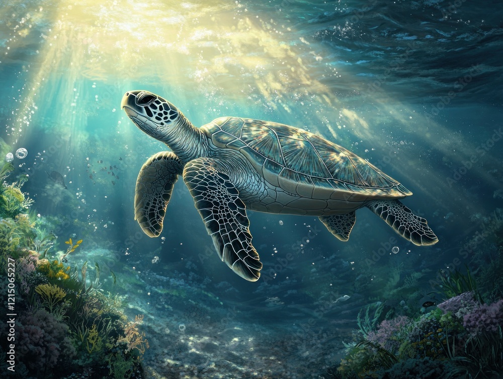 Obraz premium Majestic Sea Turtle Swimming Gracefully in Vibrant Ocean Environment