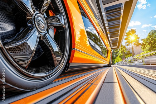 Vibrant orange vehicle parked beside modern building under bright sunlight photo