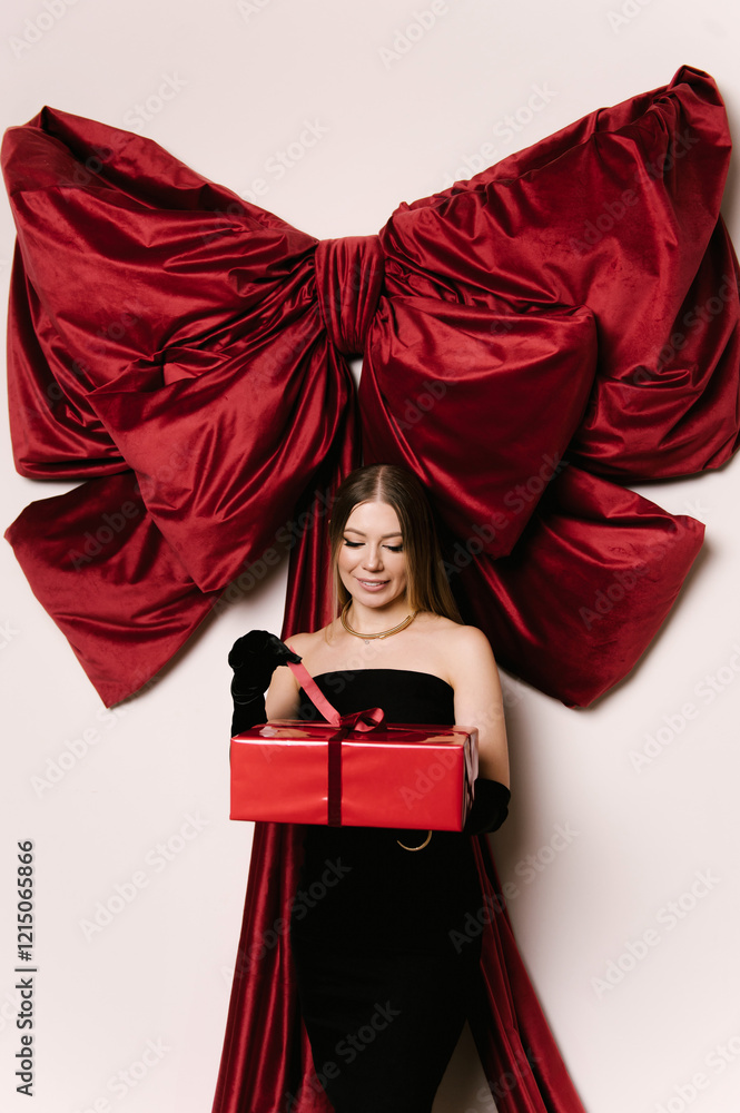 Portrait of a woman in a studio with professional lighting in a black elegant dress with a gift against the background of a large red bow
