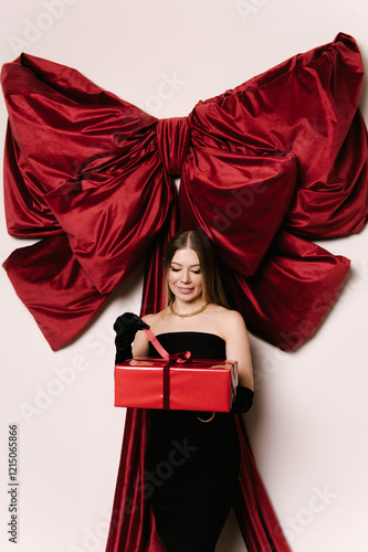 Obraz na płótnie Portrait of a woman in a studio with professional lighting in a black elegant dress with a gift against the background of a large red bow w salonie