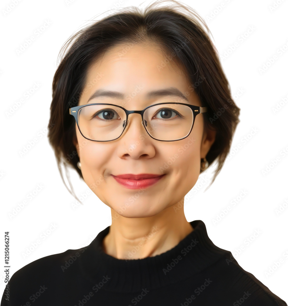 Middle aged Japanese woman with eyeglasses wearing a black sweater isolated on transparent background Middle aged Japanese woman with eyeglasses wearing a black sweater isolated on transparent background