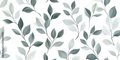 A delicate arrangement of green and gray leaves on a soft white backdrop creates a calming atmosphere, suitable for various design applications in decor