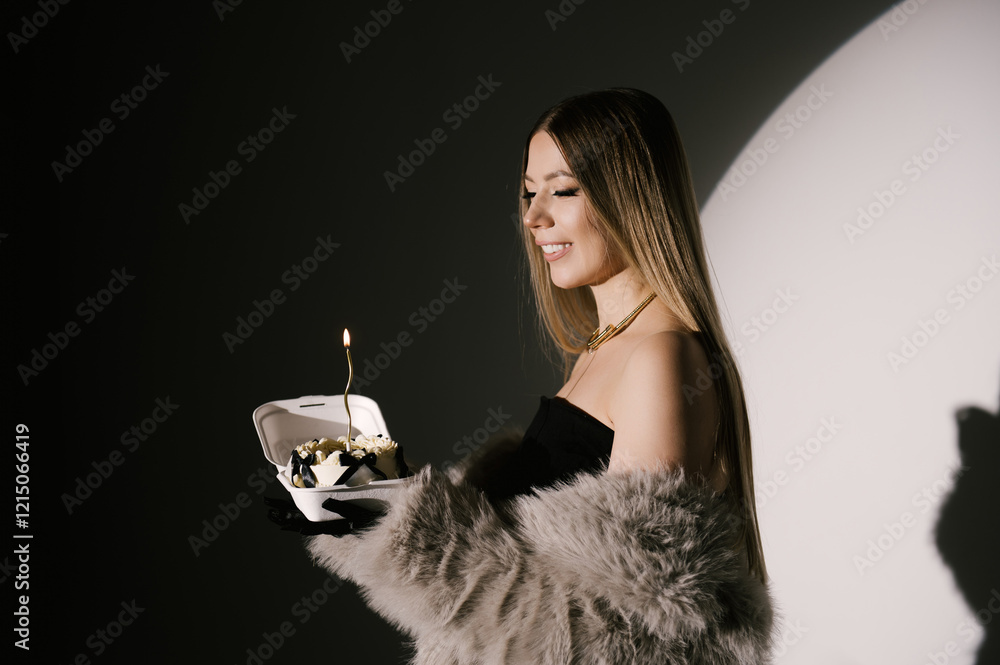 Portrait of a woman in a studio with professional lighting in a smart dress with gloves, in a fur coat with a bento cake on her birthday