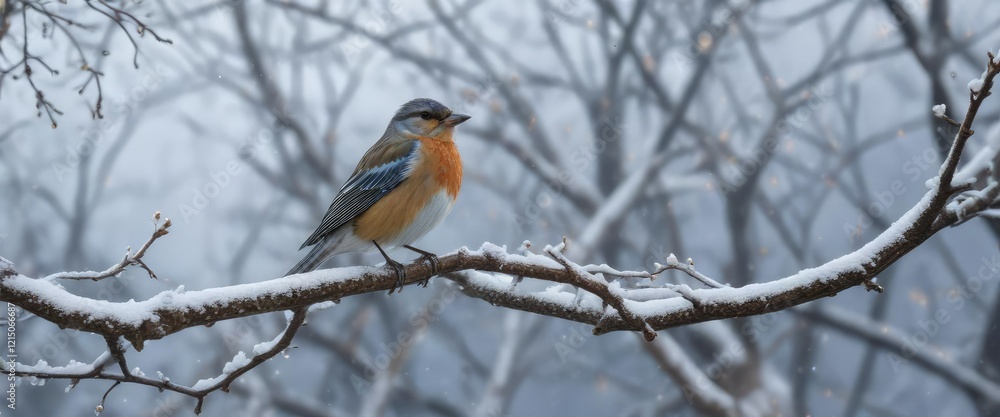 Bird perched on a bare branch of the deciduous tree during snowfall, maple leaf, snowfall Bird perched on a bare branch of the deciduous tree during snowfall, maple leaf, snowfall