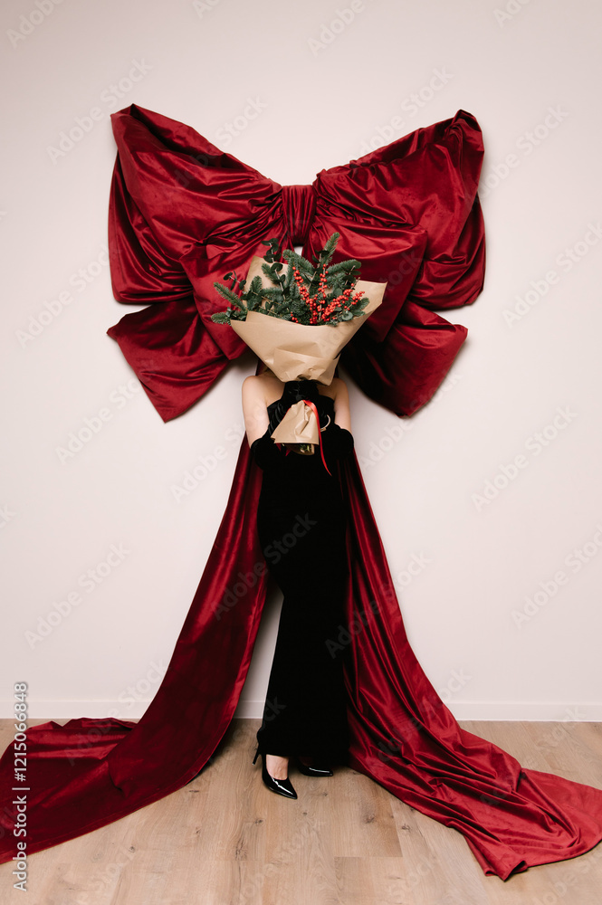 Portrait of a woman in a studio with professional lighting in a black elegant dress with a Christmas tree bouquet against the background of a large red bow