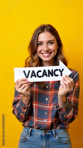 Portrait of young woman in plaid shirt holding speech arrow pointer with word vacancy isolated over yellow background. Portrait view