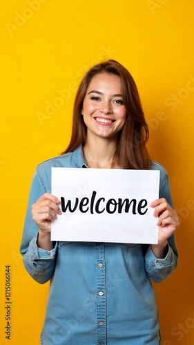 Beautiful modern smiling woman in a jeans shirt is holding a sign with the inscription 