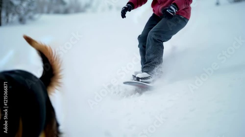 Energetic mixed breed dog runs along snowboarder riding fresh powder. Cool shot of a scottish shepherd mix dog running in deep snow as unrecognizable snowboarder rides off piste.