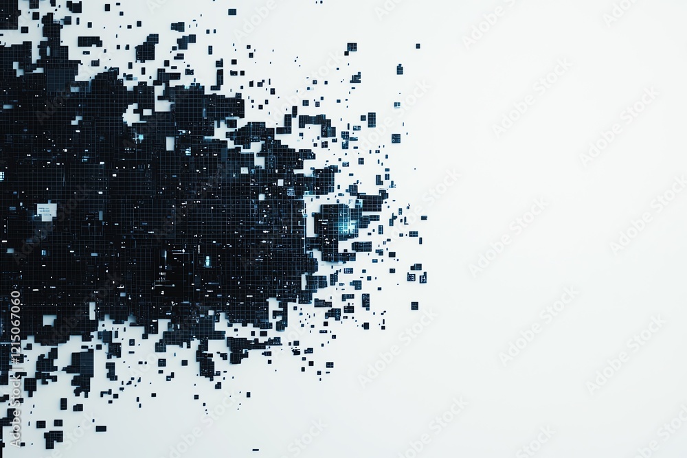 Obraz premium Abstract digital art of fragmented pixels dispersing into the background.