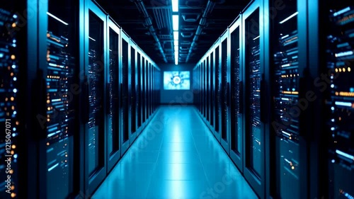 Inside Large Data Center. Advanced Cloud Computing Concept. Corridor with Server Racks and Cabinets full of Hard Drives