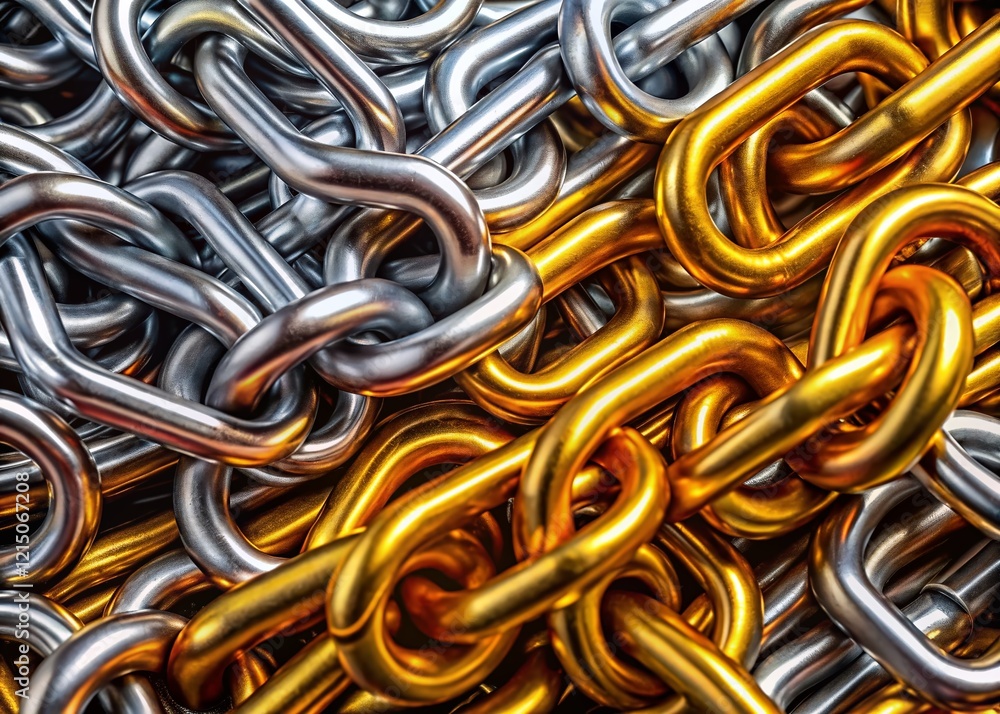 Gleaming Metal Chains: Top View Flat Lay of Stainless Steel, Chrome, and Iron Links Gleaming Metal Chains: Top View Flat Lay of Stainless Steel, Chrome, and Iron Links