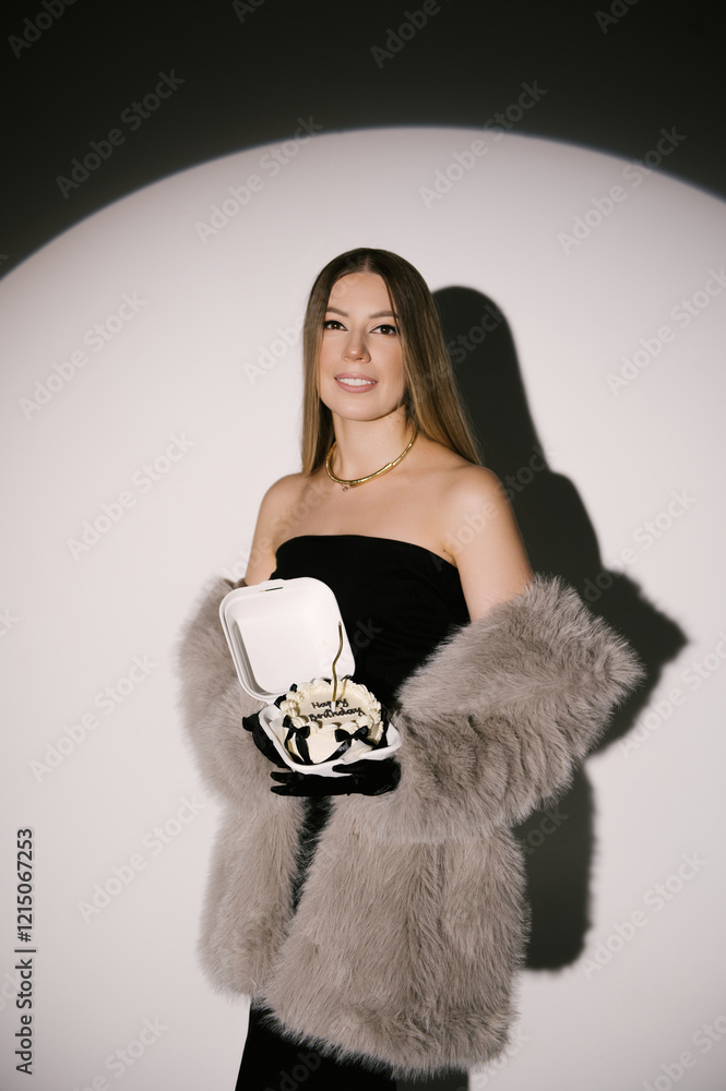 Portrait of a woman in a studio with professional lighting in a smart dress with gloves, in a fur coat with a bento cake on her birthday