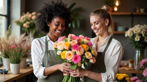 wo happy and smiling young woman florist working together in flower shop. Florist talking and making beautiful bouquet of flower together with her black colleague. Beautiful florists arranging bunch.