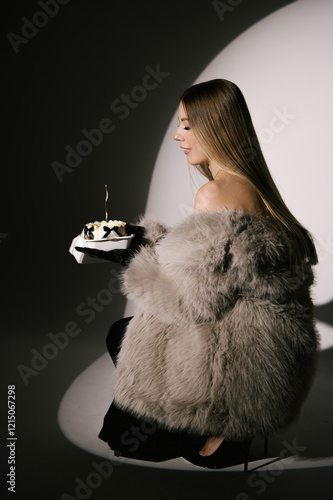 Obraz na płótnie Portrait of a woman in a studio with professional lighting in a smart dress with gloves, in a fur coat with a bento cake on her birthday w salonie