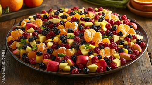 A vibrant assortment of fresh fruits like red apples, juicy oranges, ripe papayas, and colorful berries, artistically arranged on a plate, delivering a refreshing and healthy vibe.  photo