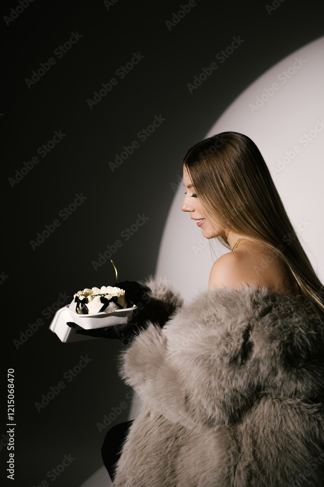 Portrait of a woman in a studio with professional lighting in a smart dress with gloves, in a fur coat with a bento cake on her birthday