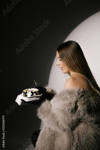 Obraz na płótnie Portrait of a woman in a studio with professional lighting in a smart dress with gloves, in a fur coat with a bento cake on her birthday w salonie