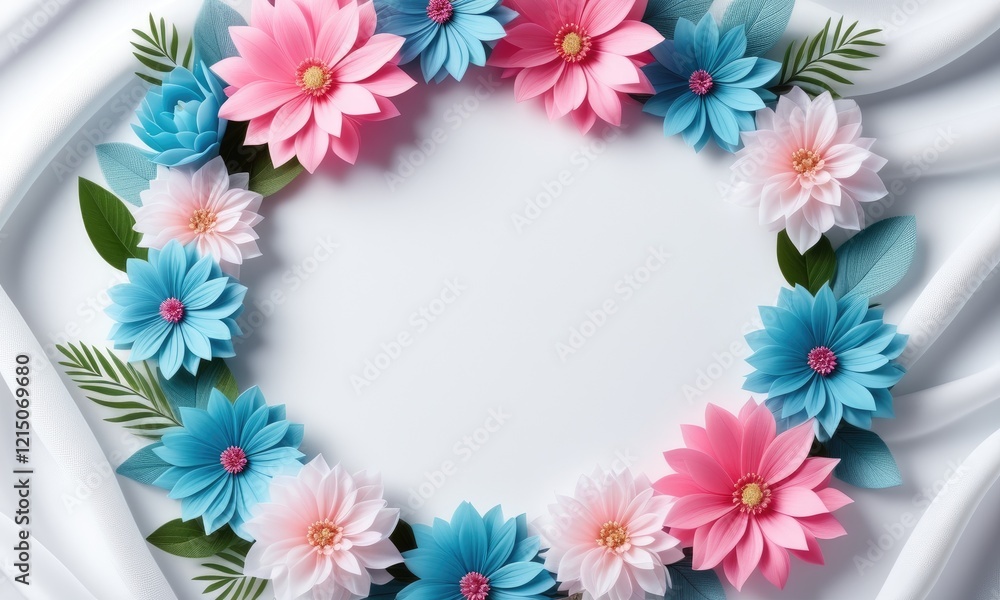 Fototapeta premium Colorful floral frame with pink and blue paper flowers on white background