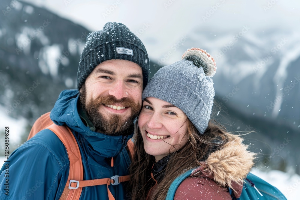 Portrait of a glad couple in their 20s sporting a breathable mesh jersey in front of snowy mountain range Portrait of a glad couple in their 20s sporting a breathable mesh jersey in front of snowy mountain range