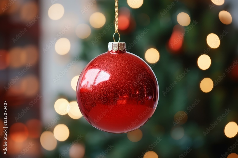 Fototapeta premium Red christmas ball hanging and shining with blurred christmas tree and lights in the background