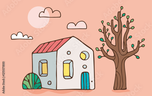 Illustration d'une jolie maison de famille à la campagne, habitation en pierre blanche avec un toit en tuile rouge, jardin avec un grand arbre, dessin pour location vente immobilière