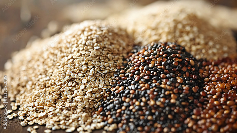 Whole grains like quinoa, oats, and brown rice, rich in fiber and nutrients, are beautifully displayed for a healthy and feel-good meal. Whole grains like quinoa, oats, and brown rice, rich in fiber and nutrients, are beautifully displayed for a healthy and feel-good meal.