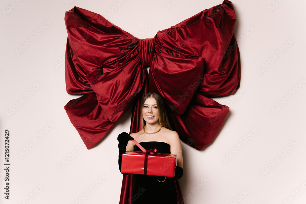 Portrait of a woman in a studio with professional lighting in a black elegant dress with a gift against the background of a large red bow