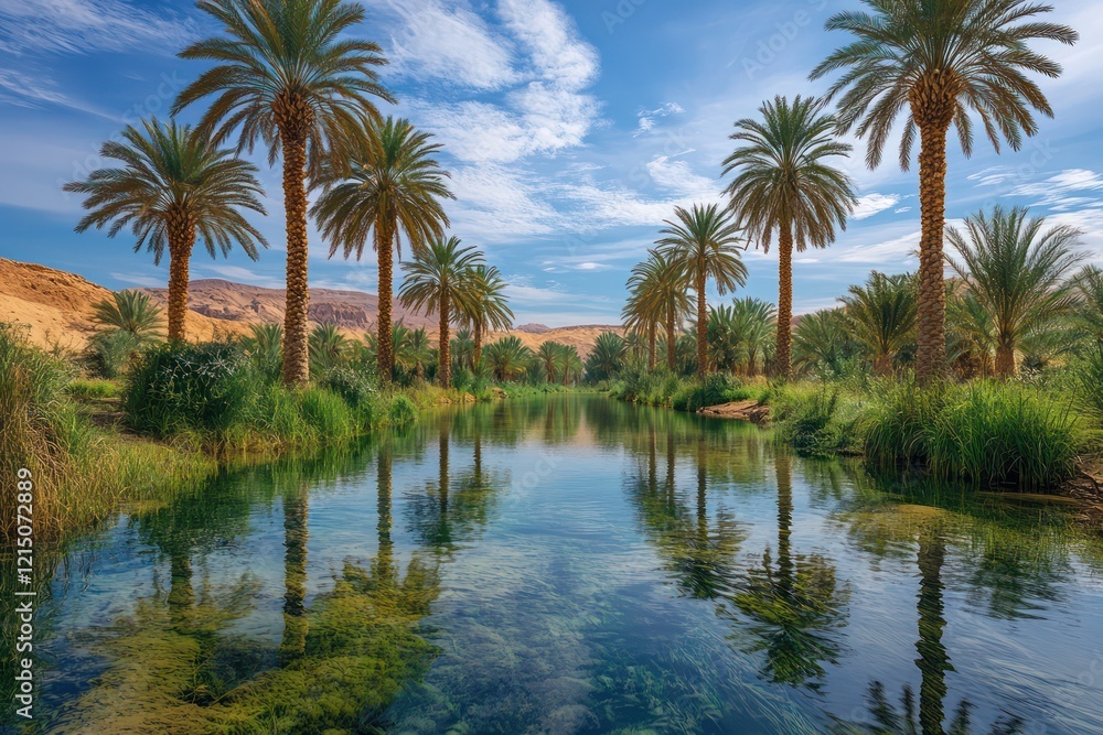 A desert oasis with palm trees, where the clear waters reflect the surrounding greenery, creating a serene and refreshing haven amidst the arid landscape. A desert oasis with palm trees, where the clear waters reflect the surrounding greenery, creating a serene and refreshing haven amidst the arid landscape.