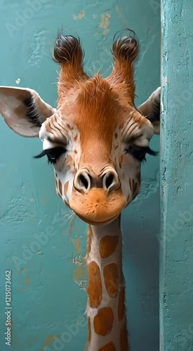 Cute giraffe looking at camera and gesturing.