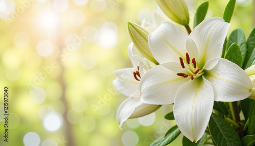 Beautiful white lilies blooming in soft sunlight with a blurred background for nature concept